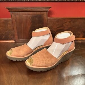 Fly London Yake Perforated Leather Wedge Sandals Rose Pink EU 43 US 12